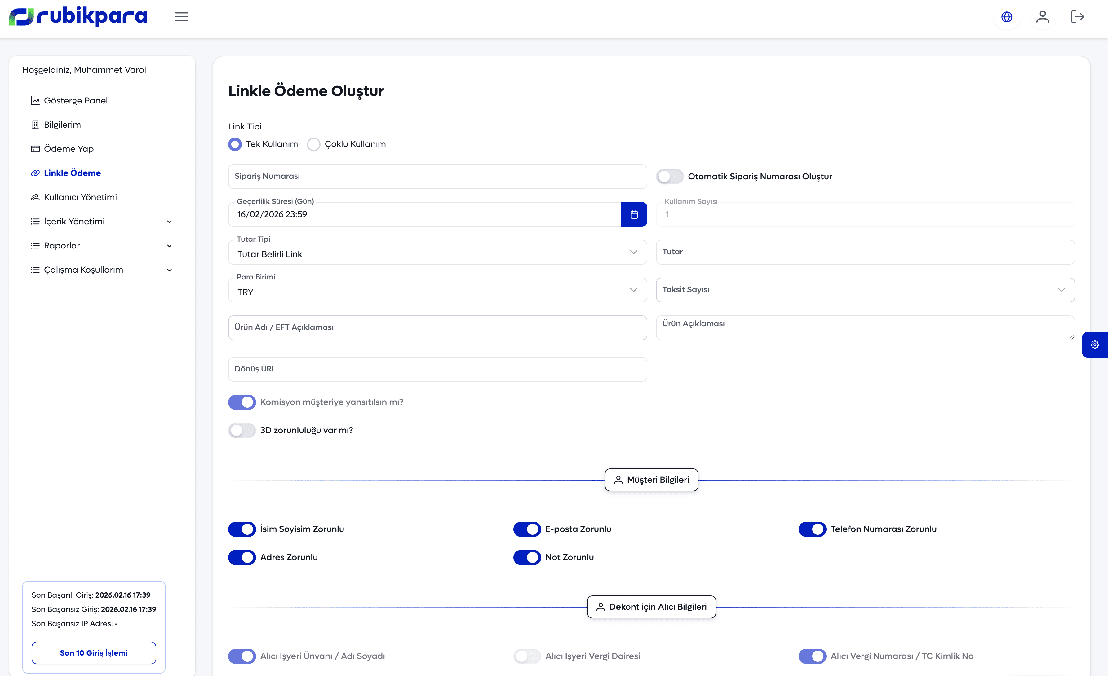 Linkle Ödeme Oluştur Formu