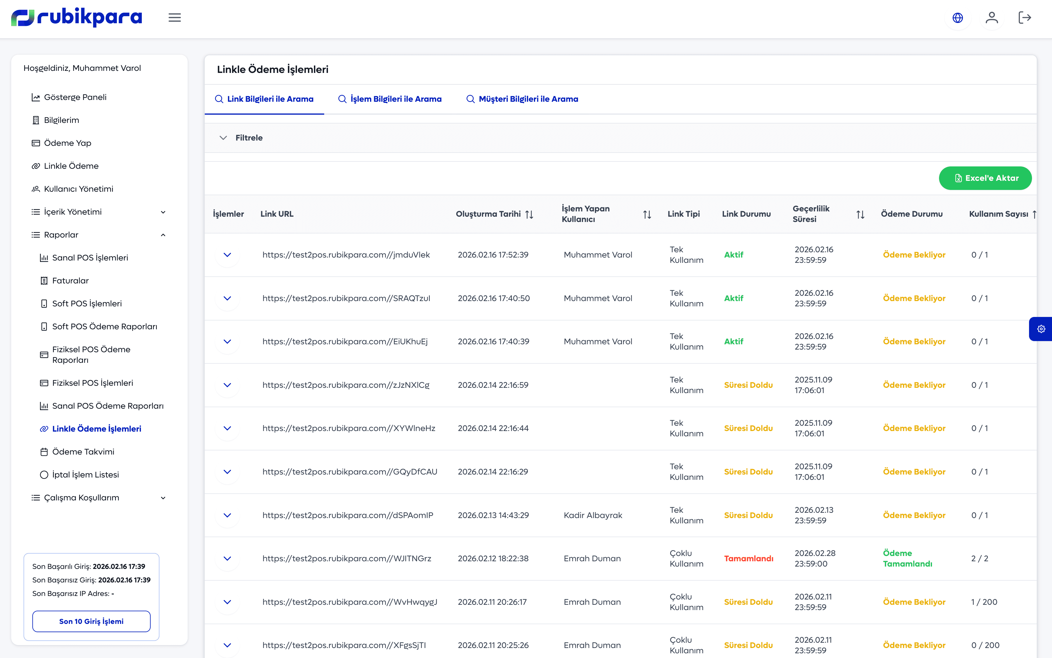 Linkle Ödeme İşlemleri Listesi